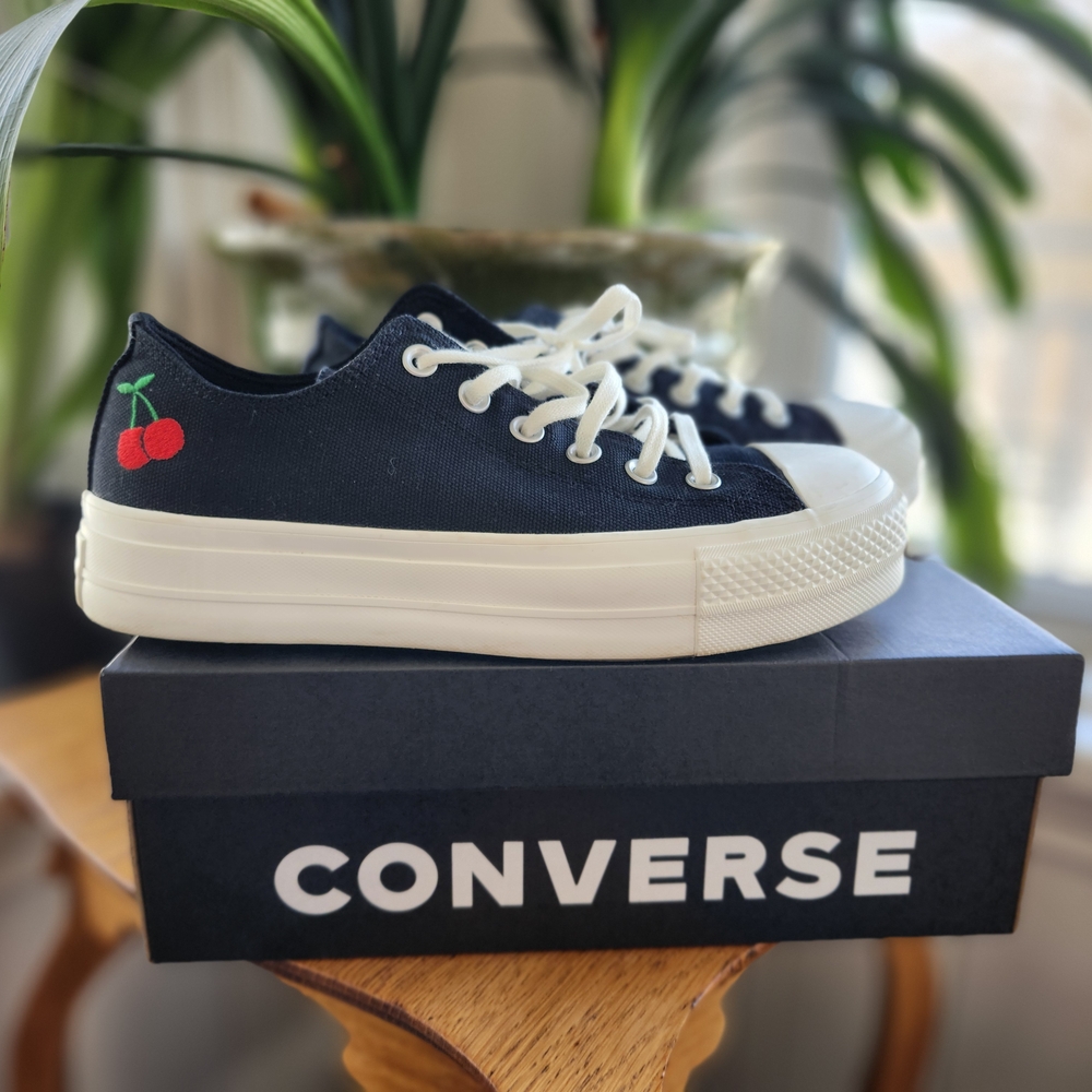 Converse Black Canvas Sneakers with Cherry Embroidery